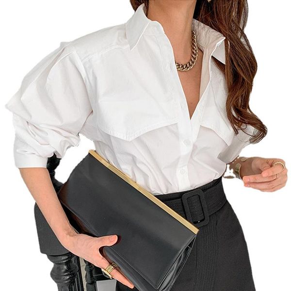 

women's blouses & shirts lady puff sleeve elegant blouse shirt women white casual button vintage turn down collar office female clothes