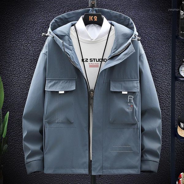 

men's jackets 2021 casual slim fit jacket men zipper brand hooded windbreaker big pockets fashion male ptachwork waterproof outwear siz, Black;brown