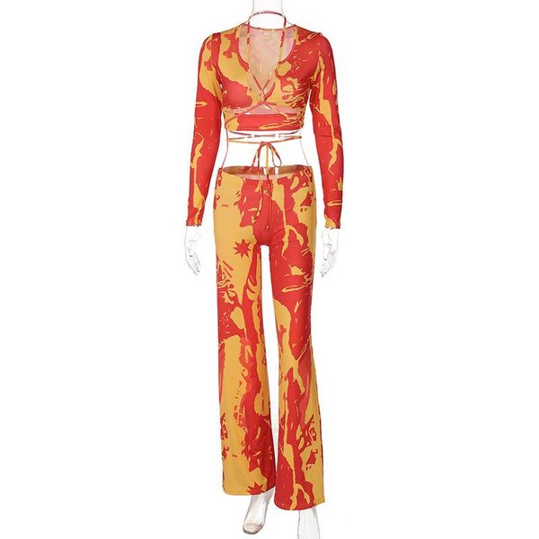 

women's two piece pants 2021 print long sleeves bandage crop high waist leggings 2 pieces set summer women slim fashion streetwear, White