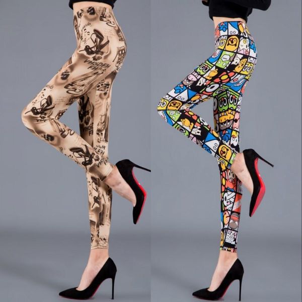 

women's leggings foreign trade spring autumn thin bottomed pants cartoon printing trend elastic large size high waist sports slim, Black