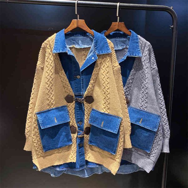 

women's sweaters [ewq] corÃ©ia chique tamanho grande denim emendado malha cardigan feminino outono inverno nova gola em v casacos de man, White;black