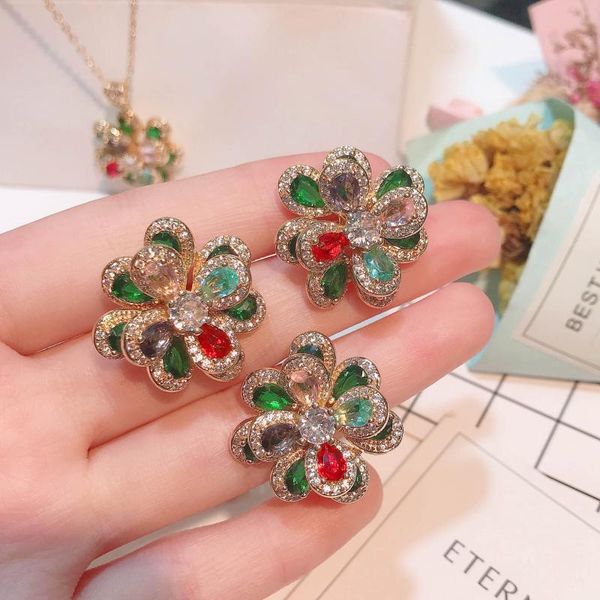 

earrings & necklace luxury camellias flowers design stud rings sets for women wedding full crystal zircon dubai bridal jewelry, Silver