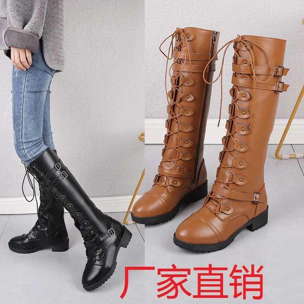 

boots large size chivalry women 2021 autumn and winter low heel flat round head belt buckle, Black