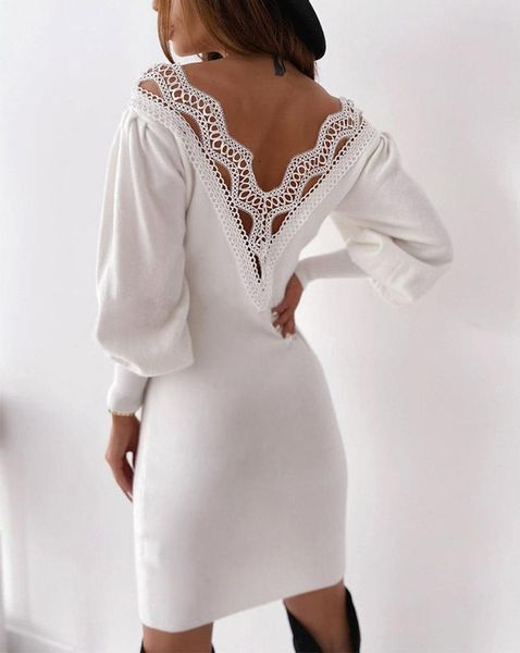 

casual dresses women autumn winter plush white black mini dress lace patchwork backless v neck slim package hip party fall clothes, Black;gray