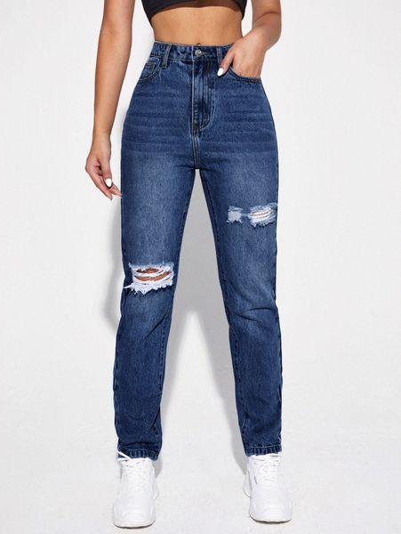 

fringe detail ripped mom jeans y4pn#, Blue