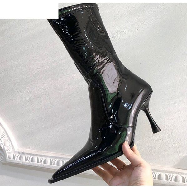 

boots spring autumn stretch boots women shiny leather pointed toe mid calf high heel shoes catwalk booties stilettos 7cip, Black