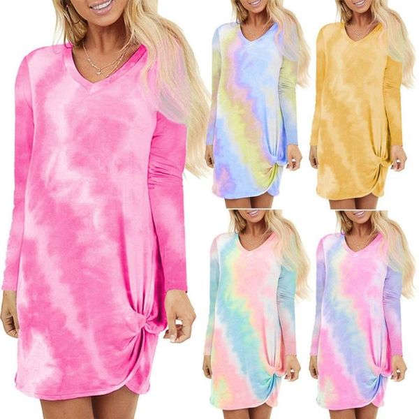 

casual dresses womens v-neck tie -dye autumn dress gradient knot print long seeve nimi club vacation party, Black;gray