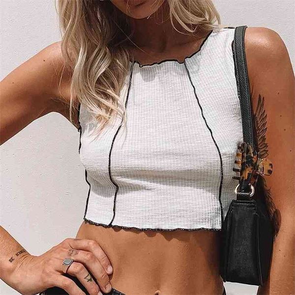 Sommer-Verkauf Kontrastfarbe Nähte Tops Damen Weste Mode O Hals abgeschnitten schlank lässig Tanks Top Damen Kleidung 210508