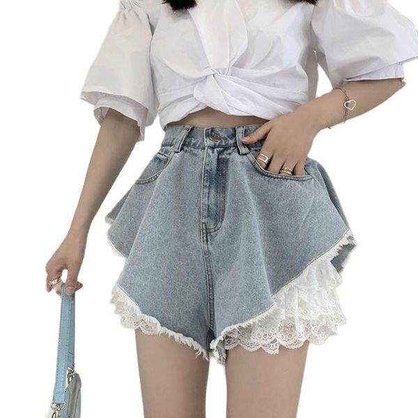 

women's shorts thin lace denim 2021 summer design high waist a-shaped wide leg jeans, White;black