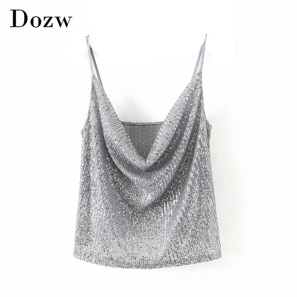 Seksi Derin V Boyun Sequins Strappy Bayanlar Tops Moda Backless Clubwear Parti Camis Kadınlar Yaz Kolsuz Tank Top Ropa Mujer 210515