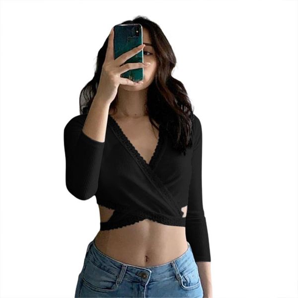 

women's t-shirt women lace bandage short long sleeve deep v neck self tie basic tee shirt female skinny solid, White