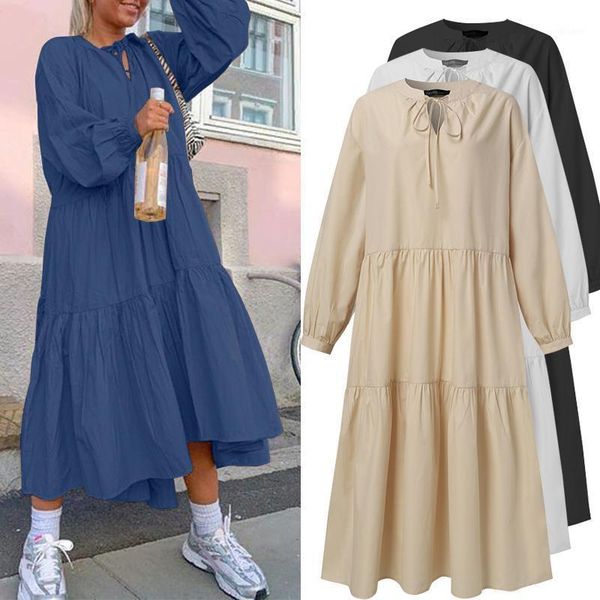 

casual dresses women's ruffle sundress 2022 fashion spring solid dress lantern sleeve midi vestidos female v neck robe plus size, Black;gray