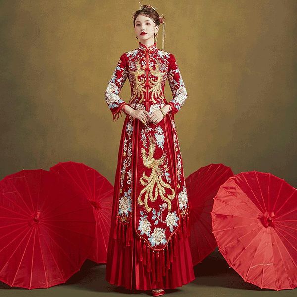 

chinese bride dragon and phoenix cheongsam suit ancient women wedding dress floral embroidery classic long qipao ethnic clothing, Red