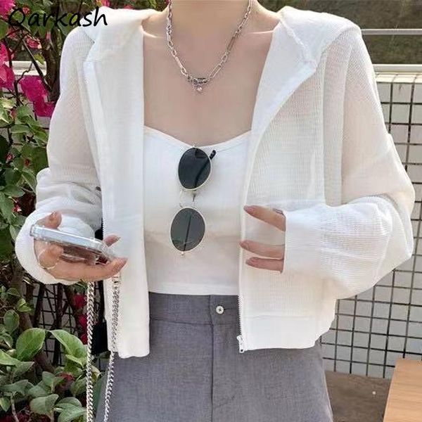 

women's jackets basic women solid long sleeve with hat cropped minimalist summer thin all-match leisure loose ulzzang stylish sunscreen, Black;brown