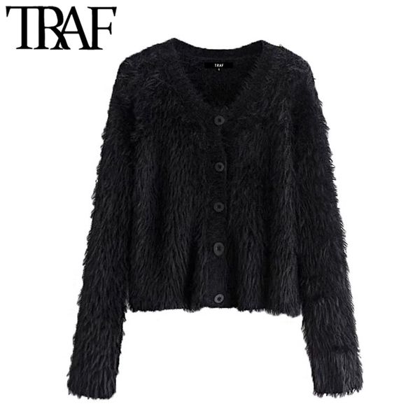TRAF Женская мода мягкая сенсонка из искусственного мех вязаный кардиган свитер винтаж с длинным рукавом на пуговицах женская верхняя одежда шикарный верх 210415