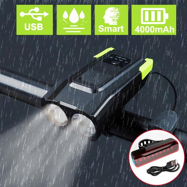 

bike lights usb charging smart headlight 2-led bicycle handlebar 4000mah with horn front light on for mtb road torch