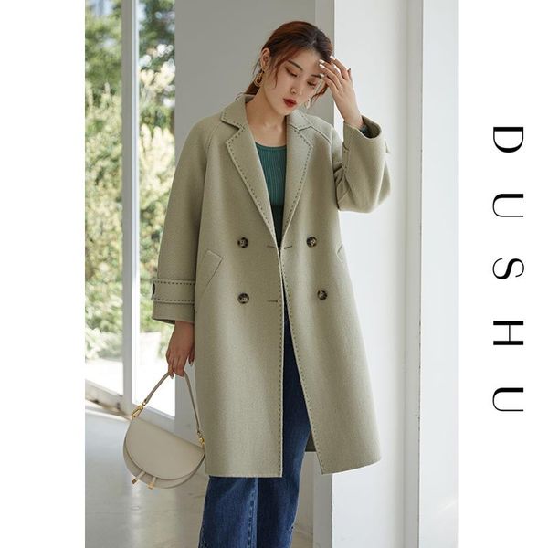 

women's wool & blends dushu plus size green long blend coat women autumn winter vintage oversized jacket female double breasted woolen, Black