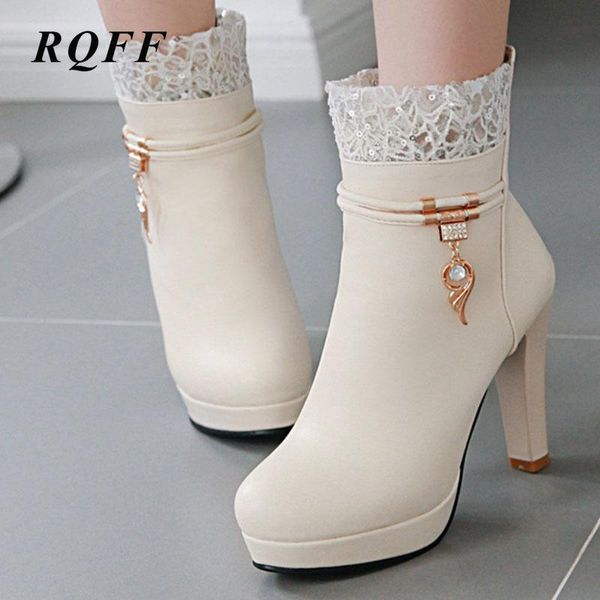 

boots plus big size 42 43 ankle women 2021-2021 autumn winter fashion platform super high heels shoes woman lace rhinestone, Black