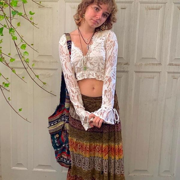 

women's t-shirt mesh transparent y2k aesthetic lace patchwork vintage long sleeve tees single button clothes, White