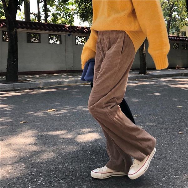 

women's pants & capris high waist loose corduroy straight trousers, Black;white