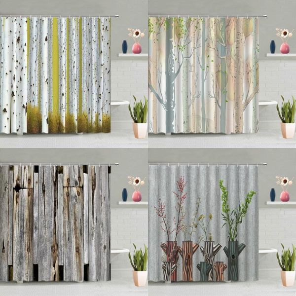 Duş perdeleri retro renkli ahşap tahta perde yeşil yapraklar bitkiler orman ağacı çiftliği ahır arka plan dekor bez küvet ekran yıkanabilir