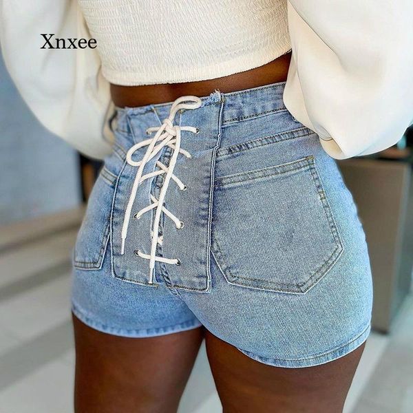 

women's jeans denim shorts lace up casaul women pants bandage ripped pale blue skinny streetwear for outfit bottoms