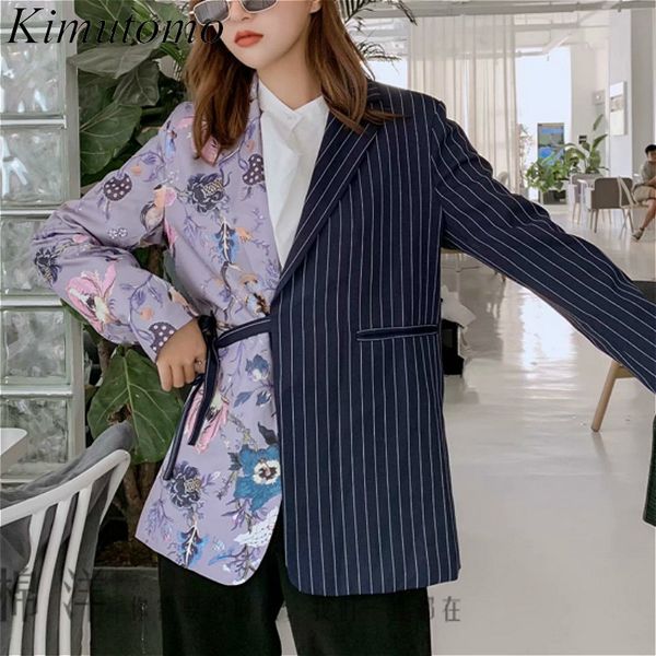 

kimutomo fashion casual asymmetry blazers women striped colorblock lace up jackets office lady slim chic coat spring 210521, White;black