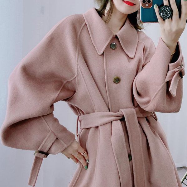 

women's wool & blends cinnamon powder double-sided cashmere coat medium and long style autumn square neck lace korean loose, Black