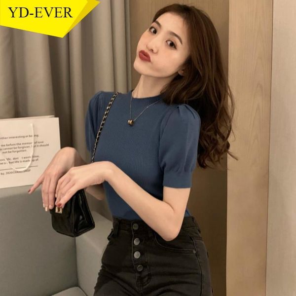 

knitted t shirts women summer 2021 solid o neck short puff sleeve female loose casual cotton ladies tees 1a1013 women's t-shirt, White