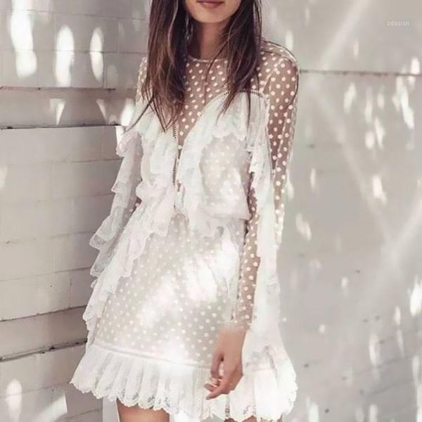 

casual dresses white mini dress women polka dot mesh patchwork transparent hollow out long sleeve ruffles summer spring fashion female vesti, Black;gray