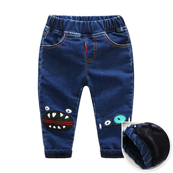

winter toddler boys thicken jeans 2021 casual cartoon plus velvet kids denim pants korean elastic waist warm child trousers, Blue