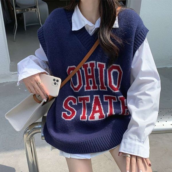 

autumn winter sweet college style letter loose round neck sweater vest women's, White