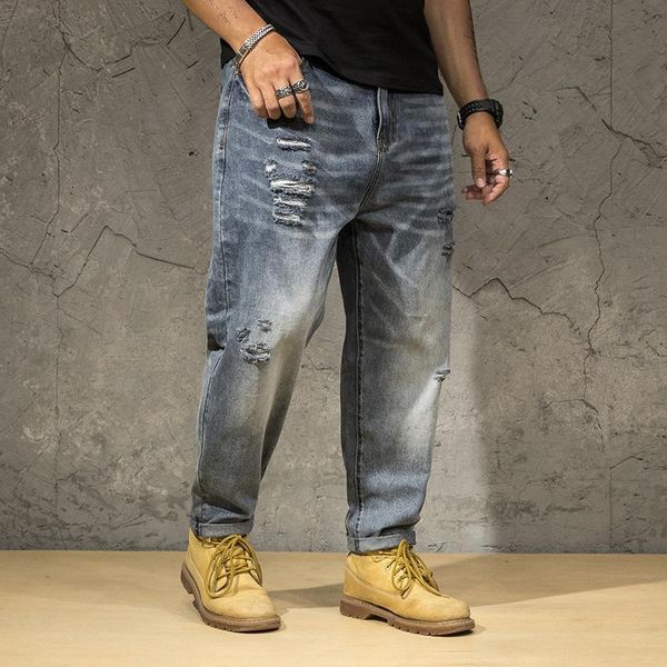 

men's jeans ripped men 2021 plus size vintage pant holes denim trouser male fashion distressed blue baggy loose large