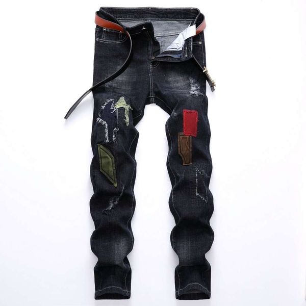 

united europe and the states trend elastic jeans foreign trade men herfst and winter gaten cut broken stickers, Blue