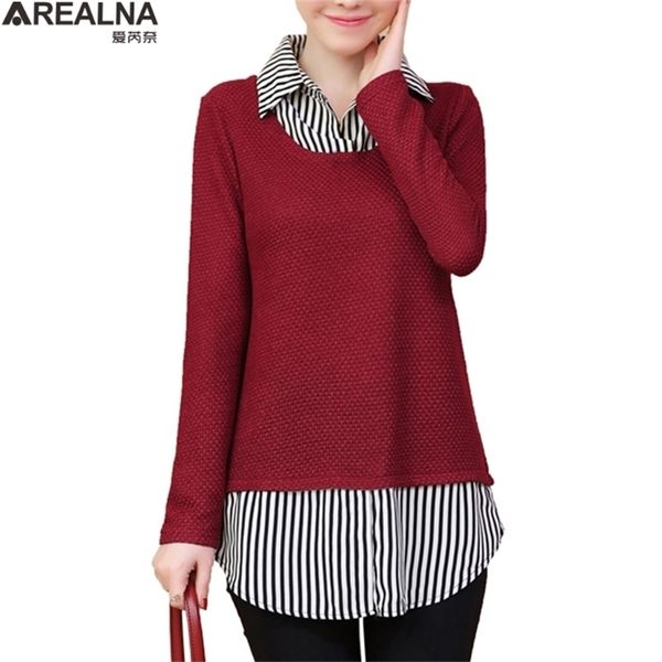 

blusas mujer de moda autumn korean fake two pieces patchwork striped shirts plus size long sleeve vintage blouse women 5xl 210401, White