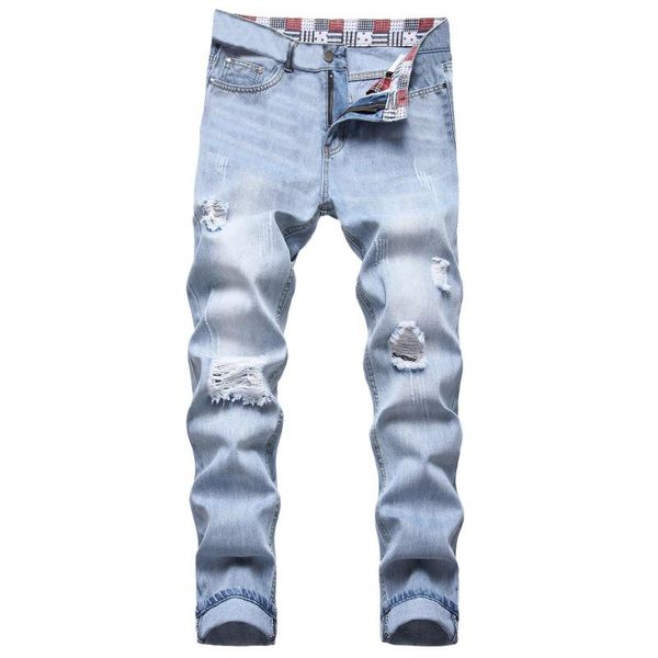 

men's jeans ripped men slim fit light blue stretch fashion streetwear frayed hip hop distressed casual denim pants male trousers