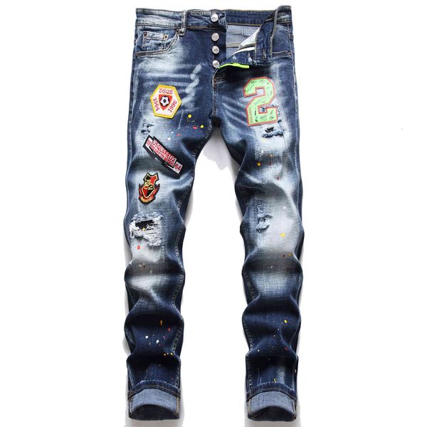 

jeans men's embroidery bae paint splash personalized, Blue
