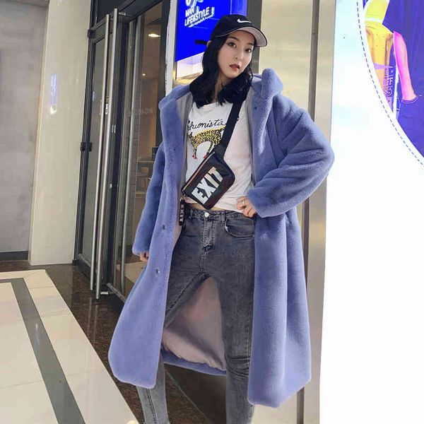 

women's wool & blends autumn winter coat long imitation mink fur plush hooded fake jacket fashion loose thick warm overcoat wypb, Black