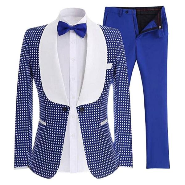 

real po royal blue polka dot groom tuxedos handsome shawl lapel men evening dress toast suit (jacket+pants+bow tie) ok:039 men's suits, White;black