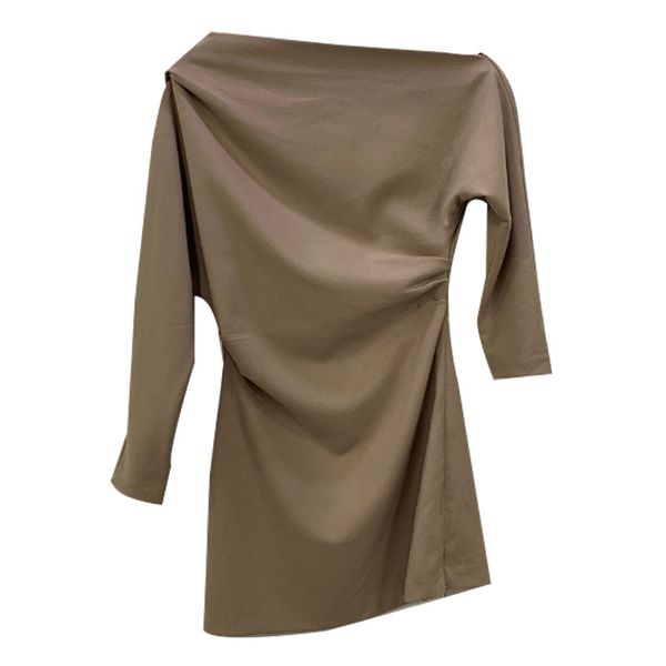 

women spring blue khaki slash neck long sleeve solid ruched elegant mini dress d2305 210514, Black;gray