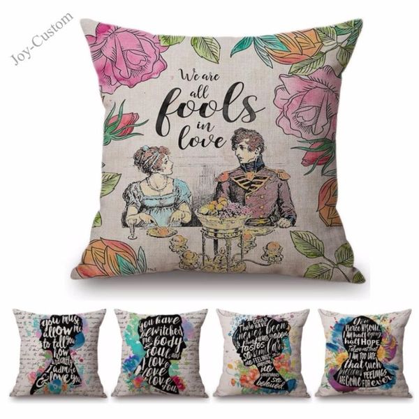 

cushion/decorative pillow square floral jane austen quotation letter print sofa throw cover case cotton linen nordic masterpiece cushion