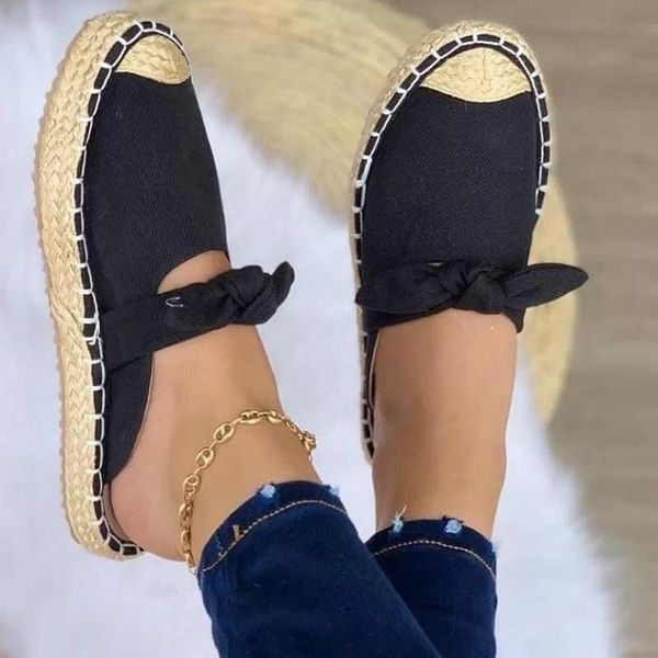 

sandals summer women espadrille round toe casual ladies mules shoes bowknot flat with platform slippers, Black