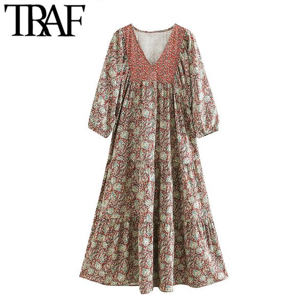 

traf women chic fashion print patchwork midi dress vintage v neck three quarter sleeve female dresses vestidos mujer 210415, Black;gray