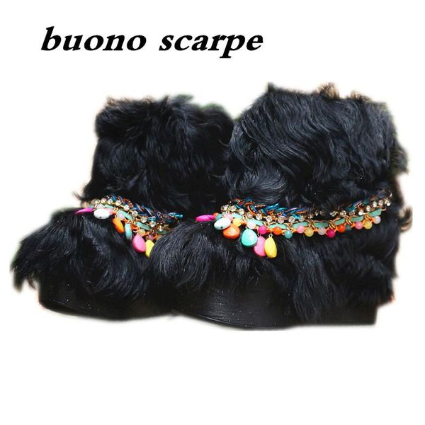 

boots gold silk, wool and fur in one middle boots, boho style pendant, leather winter warm shoes, Black