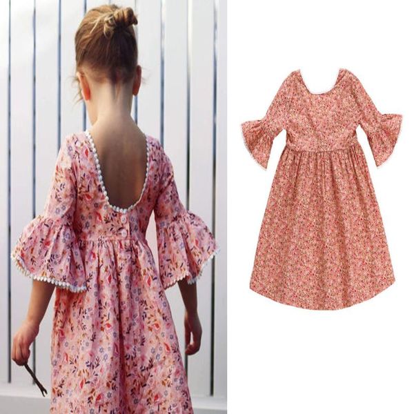 

3-6years flared sleeve floral dress for toddler kids girls backless princess dresses summer girl's, Red;yellow