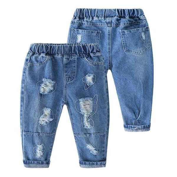 Outono de primavera para 2 3 4 6 8 9 10 anos criança elástica longo bonito com bolso buraco denim azul jeans crianças bebê menino 210529
