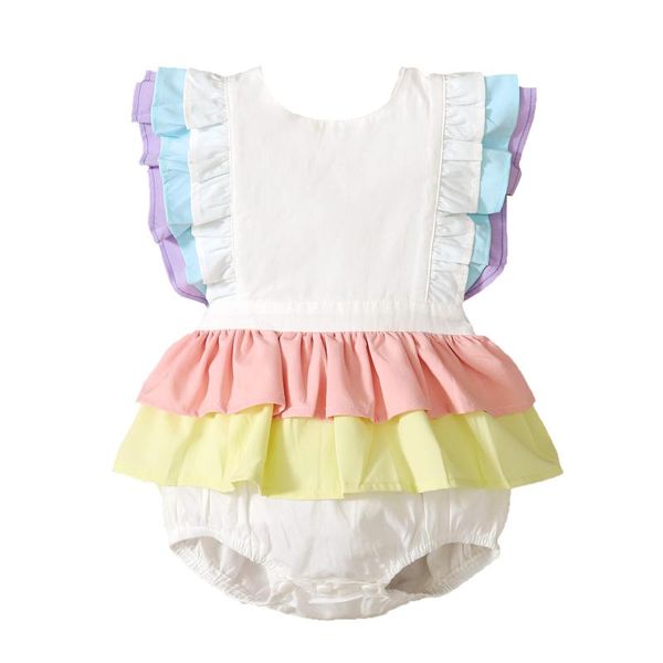 

jumpsuits infant baby girls sleeveless romper with ruffle decoration colorful print bottom button summer bodysuits rompers, Blue