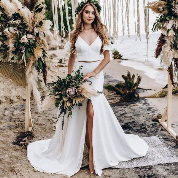 

elegant boho bohemian wedding dress 2021 vestido de novia two pieces gowns for women country open back bridal dresses, White