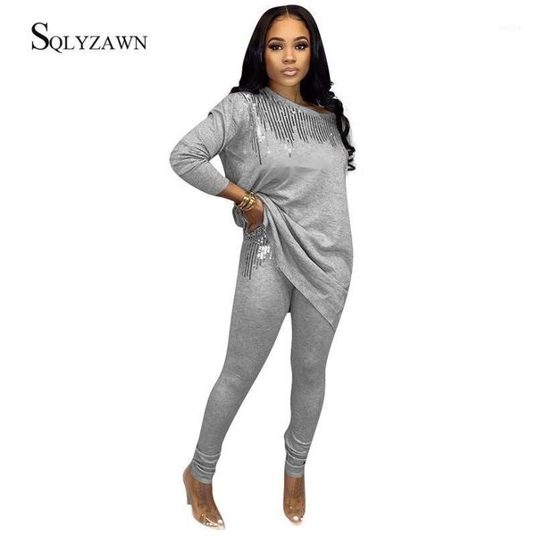 

two piece dress casual fitness sequin set female long sleeve shirt + pencil pants black gray matching jogger outfit plus size 2xl, White
