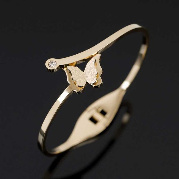 

luxury butterfly design gold bangle bracelet for women girls fashion stainless steel crystal cuff bangle jewelry q0719, Black
